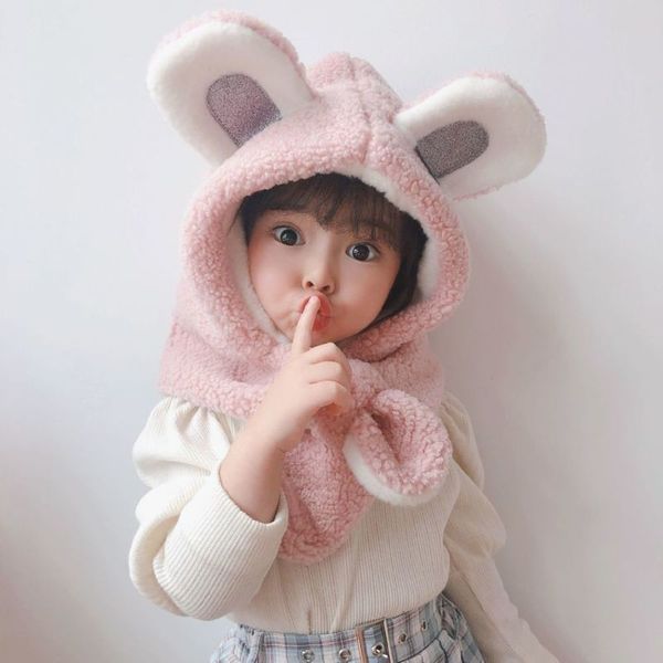 

solid color cartoon bear children's hat korean winter warm imitation rabbit down baby's bib versatile men's and women's, Red;brown