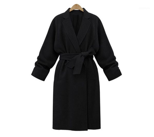 

streetwear belt women long winter wool blend coat turn-down collar wool coat and jacket slim pockets outerwear1, Black