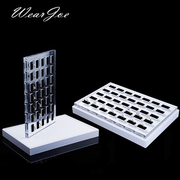 

portable window counter rings jewelry display tray box with platform white acrylic organizer detachable base board 2in1set, Pink;blue