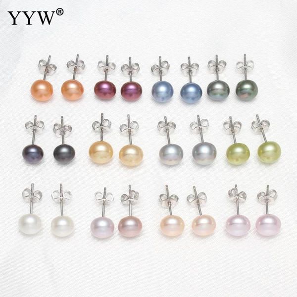 

stud yyw natural real freshwater pearl earring women bridal jewelry small lovely 7-7.5mm baroque multicolor earrings, Golden;silver