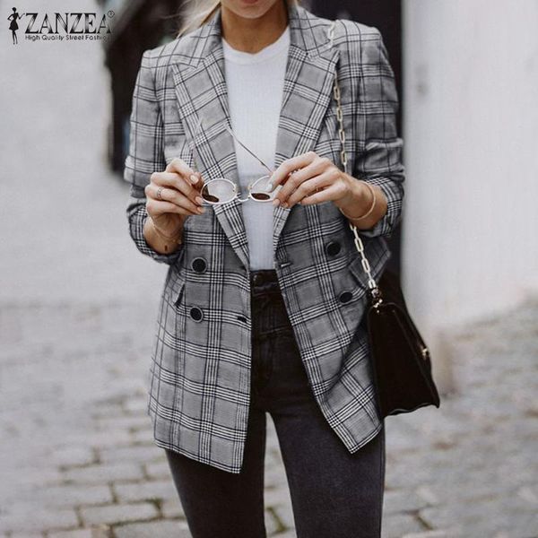

zanzea 2020 elegant suits women autumn long sleeve thin coats casual plaid checked blazer jackets office blazers outwear 7, White;black