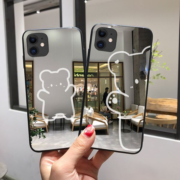 

high definition mirror cartoon white line bear mobile phone case cover for iphone 12 11 pro max 7 8 plus x xr