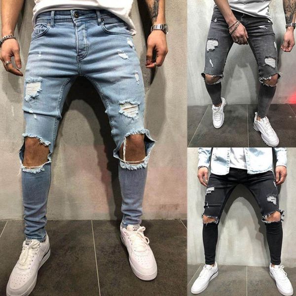 Jeans masculinos yjsfg casa homens calças de lápis skinny biker hip hop destruído desgastado fino encaixe encaixe jeans rasgado furo punk calças1