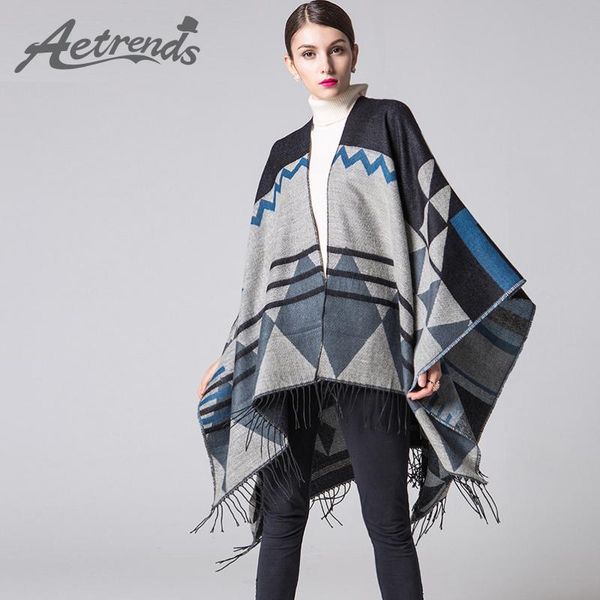 

[aetrends] women poncho cape long thick winter cashmere scarf shawl with tassel z-3448, Blue;gray