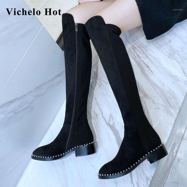 

vichelo flock round toe med heel solid winter shoes women pearl decorations sweet beauty lady dating over-the-knee boots l831, Black