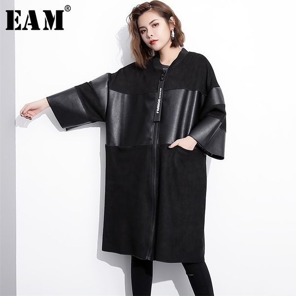 

[eam] loose fit black pu leather spliced big size jacket new stand collar long sleeve women coat fashion autumn jc2530 201023, Black;brown
