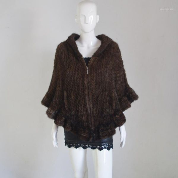 

au467 women mink poncho zipper closure 2019 fashion hand knit stole brown real poncho1, Black