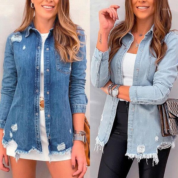

vintage women shirt long sleeve denim jeans coat jacket distressed punk shirts cardigan streetwear1, White