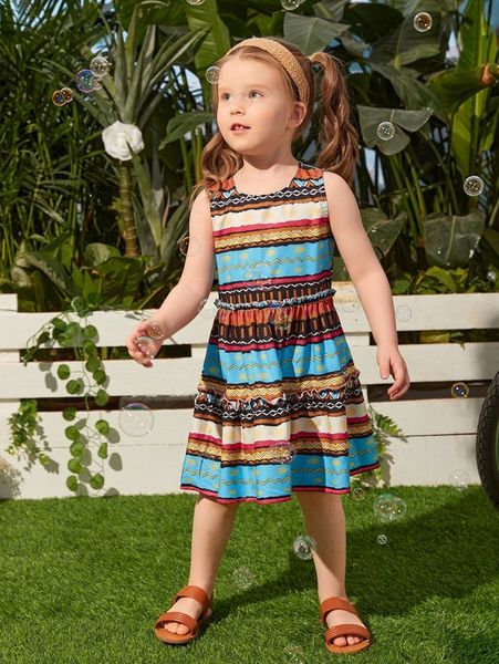 

toddler girls geo & chevron print frill trim dress she, Red;yellow