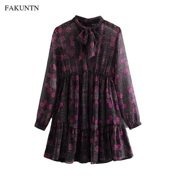 

floral dress women 2020 autumn winter fashion bowknot o neck long sleeve casual vintage women's party dresses vestidos, Black;gray