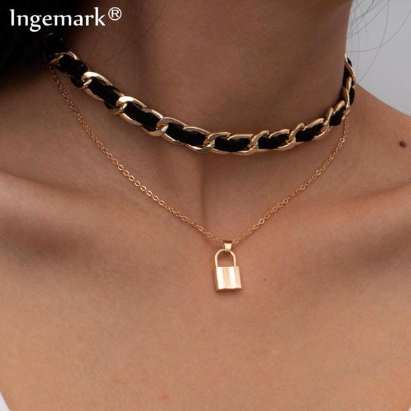 

punk unique lover lock pendant choker necklace women collar statement vintage padlock black flannel chain aesthetic neck jewelry, Silver