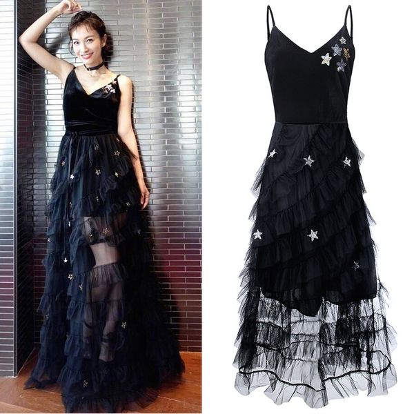 

layers ruffles mesh five star sequin tulle dress flared layered mesh spaghetti strap evening homecoming graduation black sequin ruffle dress, Black;pink