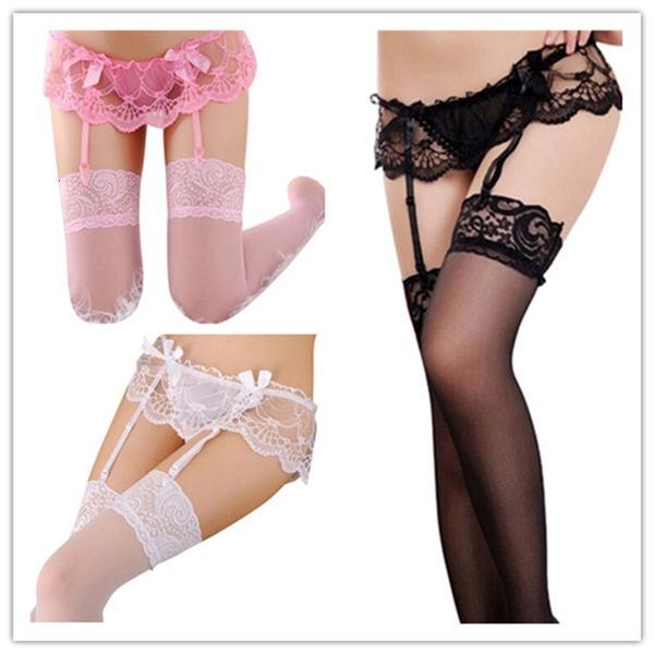 

3 colours lace thigh-highs stockings & suspender set women lingerie pantyhose garter belt, Black;white