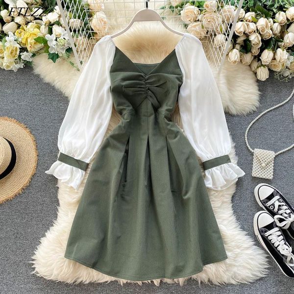 

ftlzz new autumn sweet women lantern sleeve lace patchwork dress elegant v-neck empire slim dress1, Black;gray