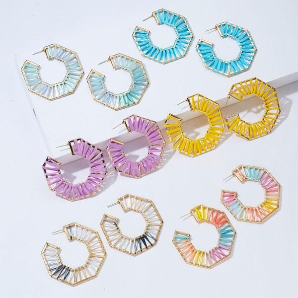

hoop & huggie rinhoo hand-woven colorful lafite earrings geometric hexagon for women korean earings fashion jewelry accessories, Golden;silver
