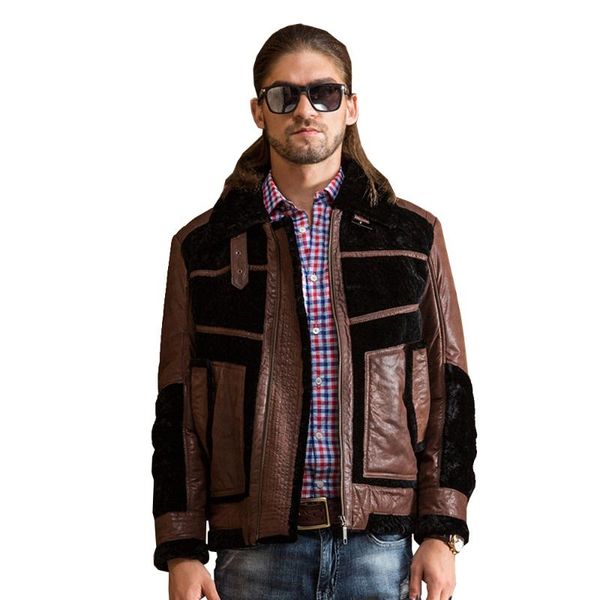 

men's leather & faux promote quality winter genuine clothing male fur outerwear sheepskin, Black