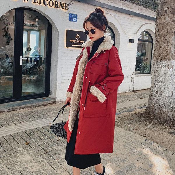 

parker cotton jacket female winter 2020 new korean version of mid-length plus velvet padded cotton -padded jacket lamb coat1, Black