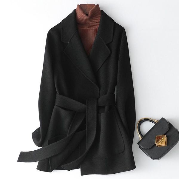 

autumn winter 2021 coat turn down collar women woolen jacket korean belt pocket cashmere outerwear female casaco feminino, Black