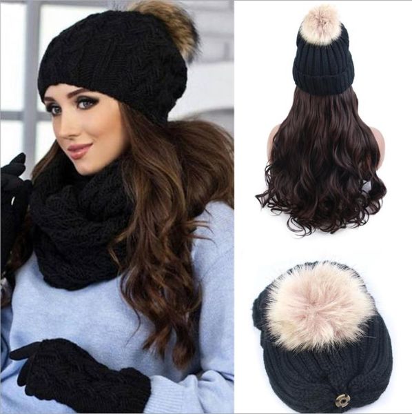 

22" synthetic curly knit skiing winter hats hair wig beanie attached hat wig for girl hang out natural cotton made, Blue;gray
