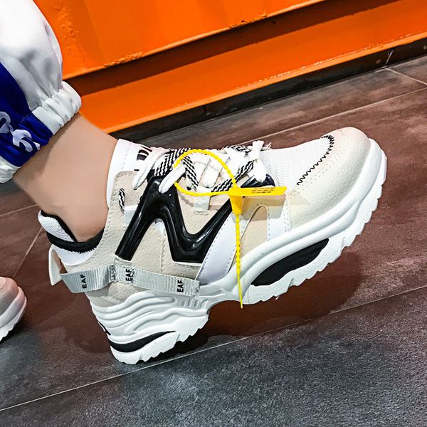 

stylish women casual shoes lovers leather dad platform chunky sneakers harajuku flat thick sole tenis wedge white basket walking lj200824, Black
