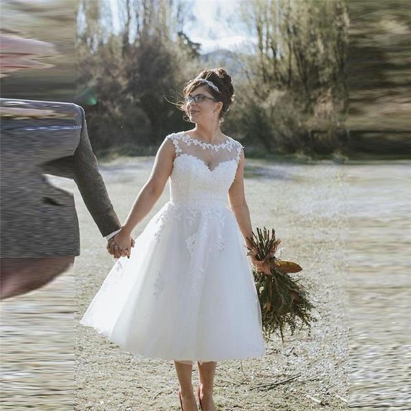 

scoop neck lace appliques short wedding dresses tea length custom made bridal gowns country side white tulle spring custom p52