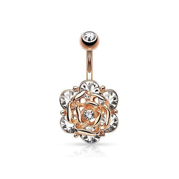 

rose flower navel rings belly button rings crystal 316l stainless steel piercing belly rings body jewelry mggan, Silver