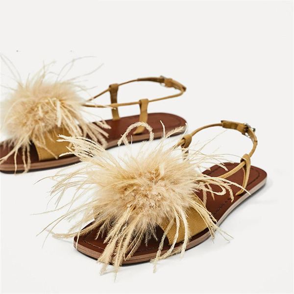 

sandals fashion feather decor women fur flat shoes ladies summer beach woman valentine shoe casual flats, Black