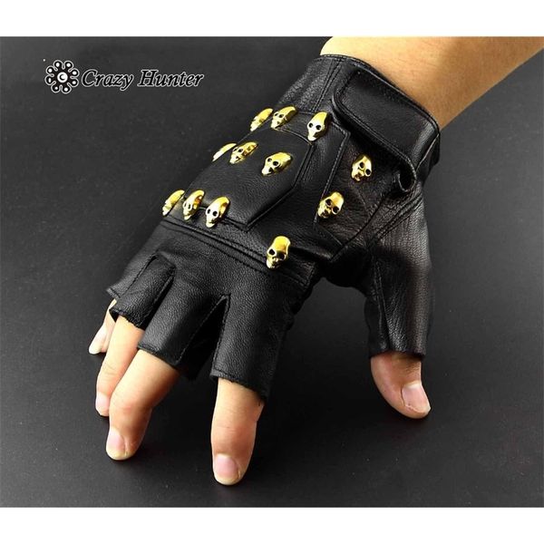 

gold skull studded punk rocker real leather fingerless gloves 201020, Blue;gray