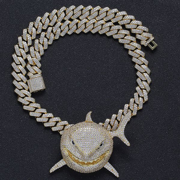 

wholesale hop bling iced out shark pendants necklaces with square cz cuban link chain for men rapper jewelry drop shipping, Silver