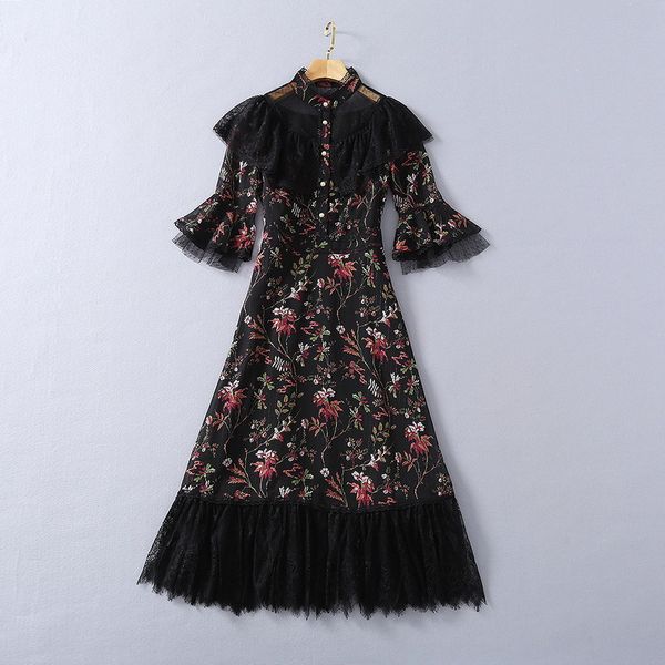 

milan runway dresses 2021 spring summer stand collar 1/2 sleeve lace women's designer dress brand same style dress 0110-4, Black