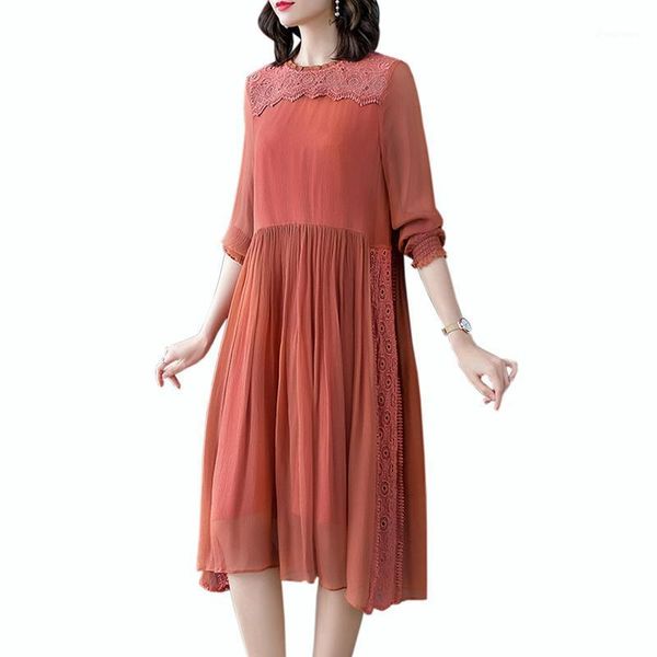 

2020 spring new lace dress women vintage o-neck hollow out mid-calf dress women elegant large size xxxl long sleeve1, Black;gray