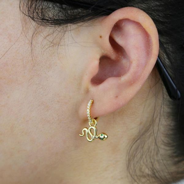 

hoop & huggie gold color women earrings iced out micro pave green clear cz animal snake circle wholesale, Golden;silver