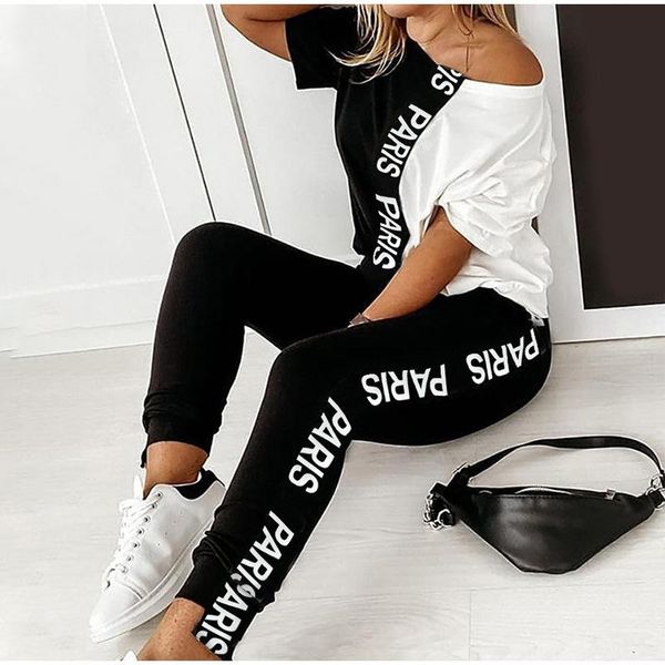 

letter print off shoulder tracksuit women's set two piece sets short sleeve colorblock and pants suit summer long pants sets, Gray