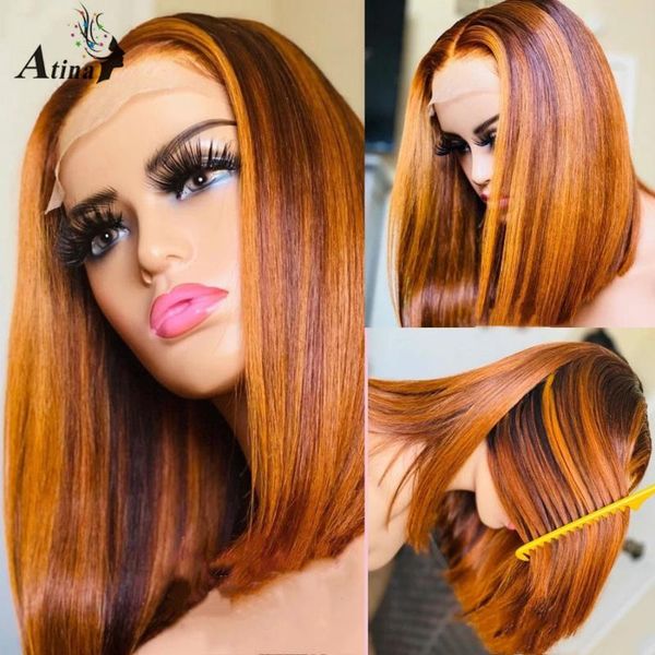 

lace wigs atina 4Ã4 straight bob human hair wig pre plucked remy weave ombre highlight colored hd transparent front closure 180, Black;brown