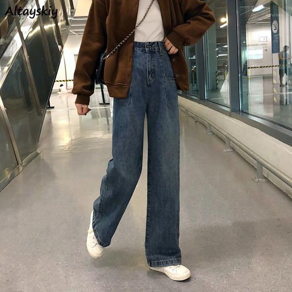 

jeans women wide leg blue classic denim vintage all-match loose pockets elegant high waist womens trousers chic streetwear new1