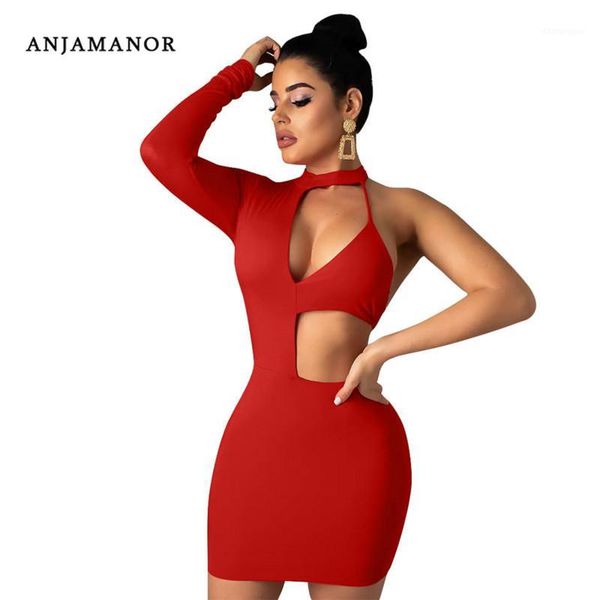 

anjamanor dresses woman party night club wear hollow out one shoulder long sleeve bodycon bandage mini dress robe d53-i321, Black;gray