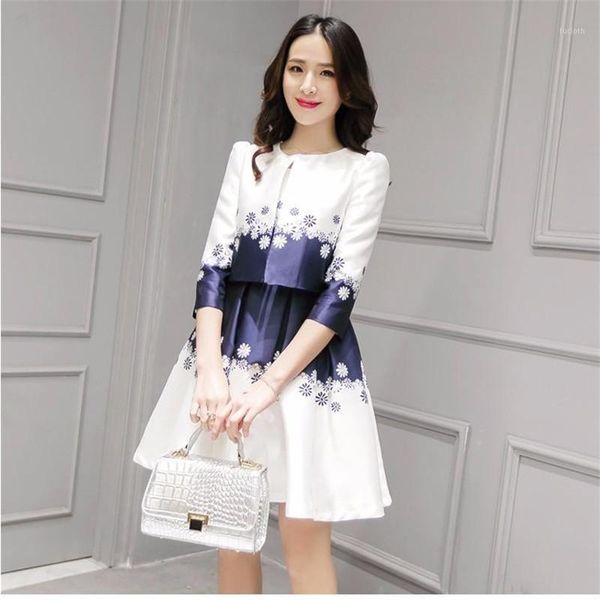 

new spring summer women dress suits 2 pieces slim edition floral printed pleated fashionable dress + coat suits for office lady1, White;black