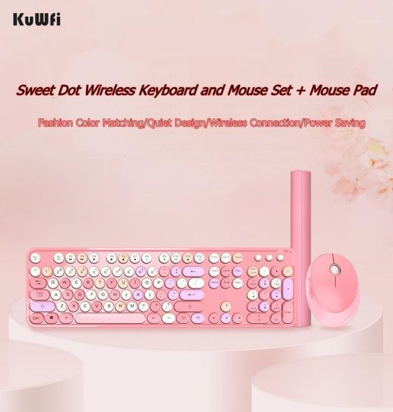 

keyboard mouse combos 3 in 1 kuwfi sweet mixed color retro round keycap 2.4ghz wireless and set cute girl 104 key design1