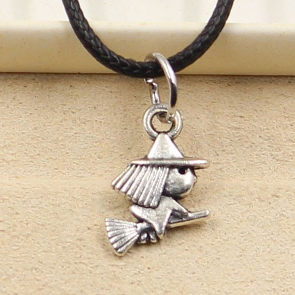 

tibetan silver color pendant witch besom necklace choker charm black leather cord factory price handmade jewelry 4qsi