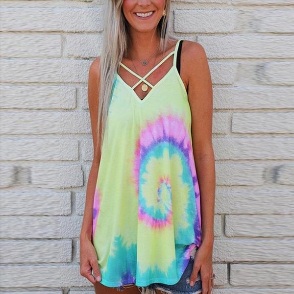 

tie dyed 2020 new fashion women camis v neck sleeveless women clothes summer bright female hollow out clothing, White