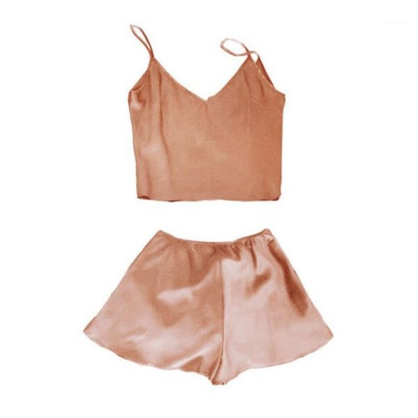 

women sling emulation silk pajamas sleepwear halter summershorts suit1, Black;red