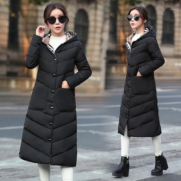 

women's down & parkas shibever x-long winter jacket women fashion cottom slim female coat button warm hooded parka outwear ndr141, Black