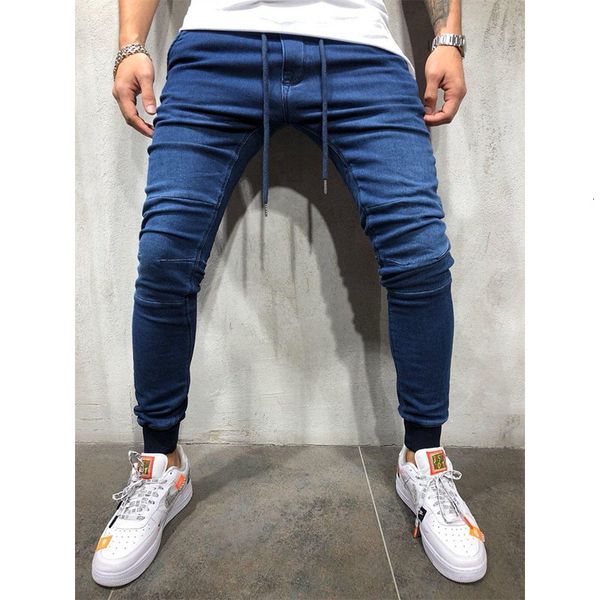 

ny hip hop elasticity elasticated waist black for men streetwear men's jeans slim fit pencil, Blue