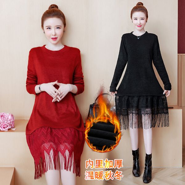 

female plus size thermal loop dressed in light black fine print frills keep warm winter dresses trpk, Black;gray