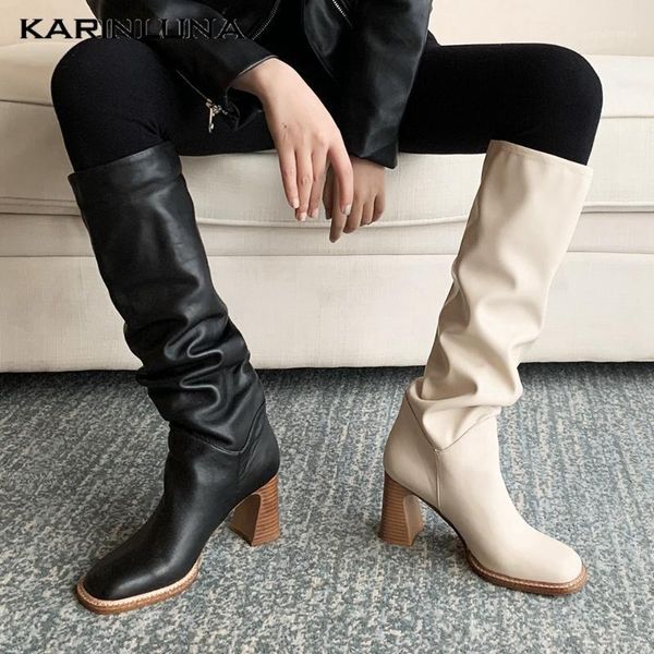 

boots wholesale stylish shoes square toe solid knee pleated slip-on spike heels autumn winter1, Black