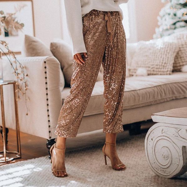 

sequin wide leg ankle-length women's pant autumn lace up elastic high waist pants pocket female streetwear club women bottoms1, Black