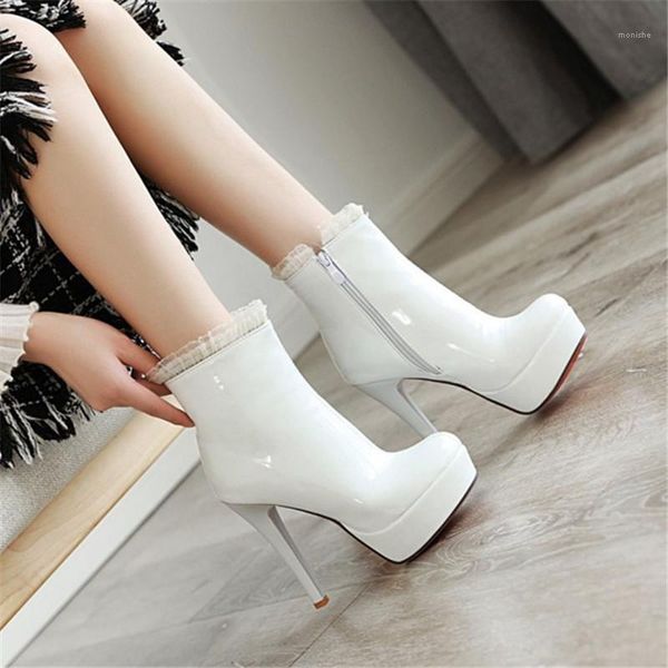 

boots pxelena patent leather women ankle super high heels stiletto ruffles lace party wedding dress shoes lady autumn white1, Black