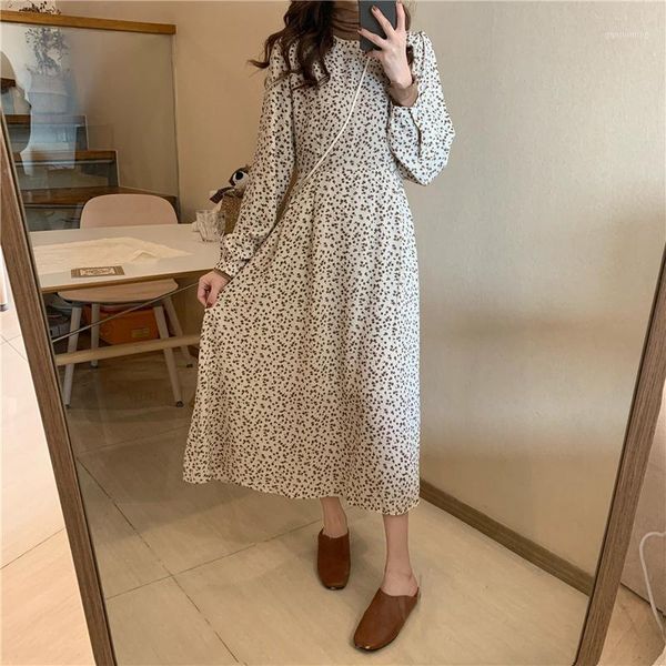 

autumn winter women casual fashion long dress chiffon o-neck long sleeve casual dresses vestidos for ladies floral dress1, Black;gray