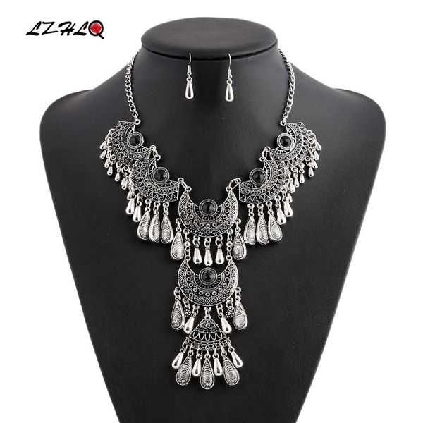 

lzhlq fashion choker bohemian women jewelry waterdrop tassel statement maxi necklace for women colar vintage jewelry, Silver