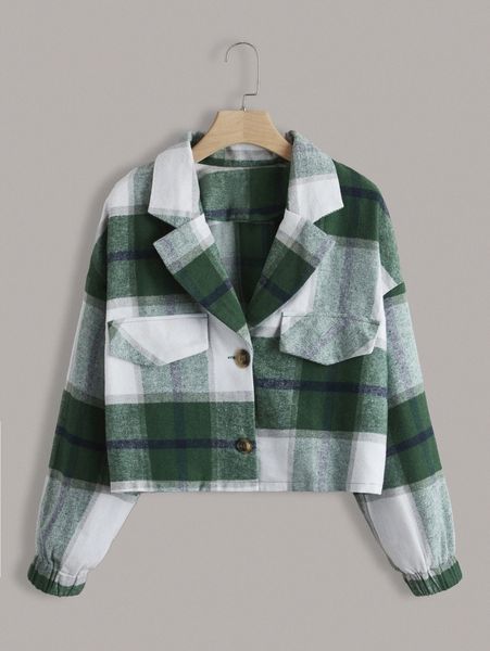 

plus plaid flap detail drop shoulder lapel neck jacket a7gg#, Black